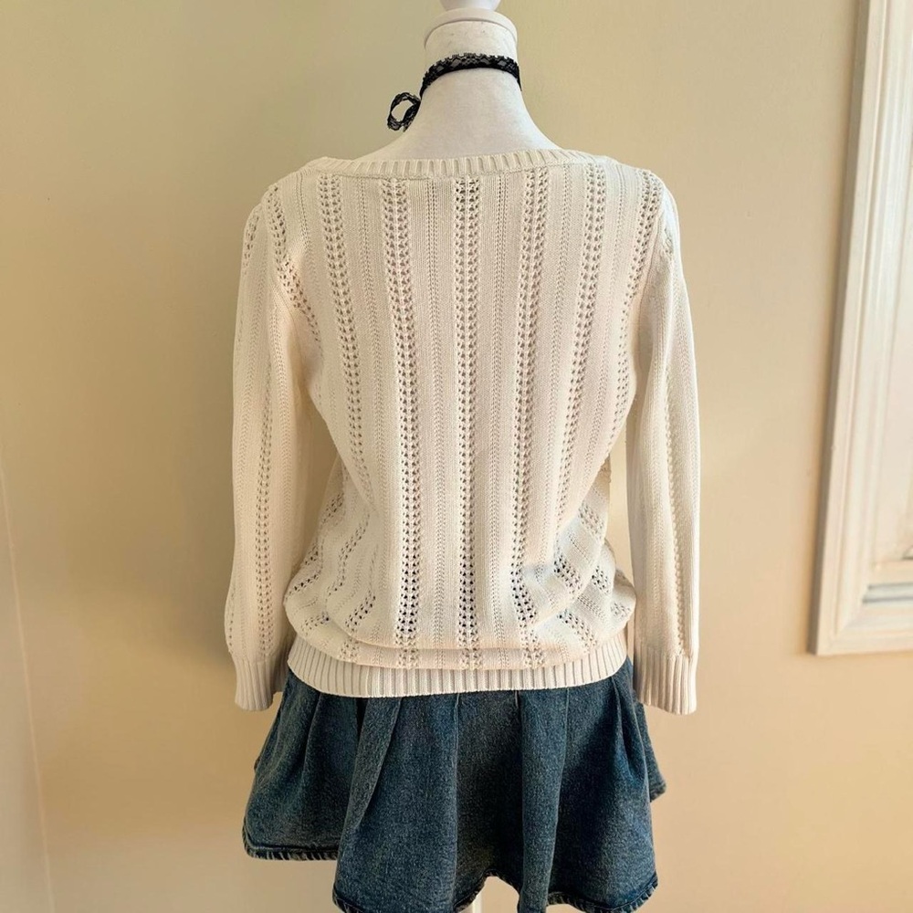 Coquette White Pointelle Crochet Knit Sweater Top Girly Lolita Lace Preppy M - Picture 7 of 10
